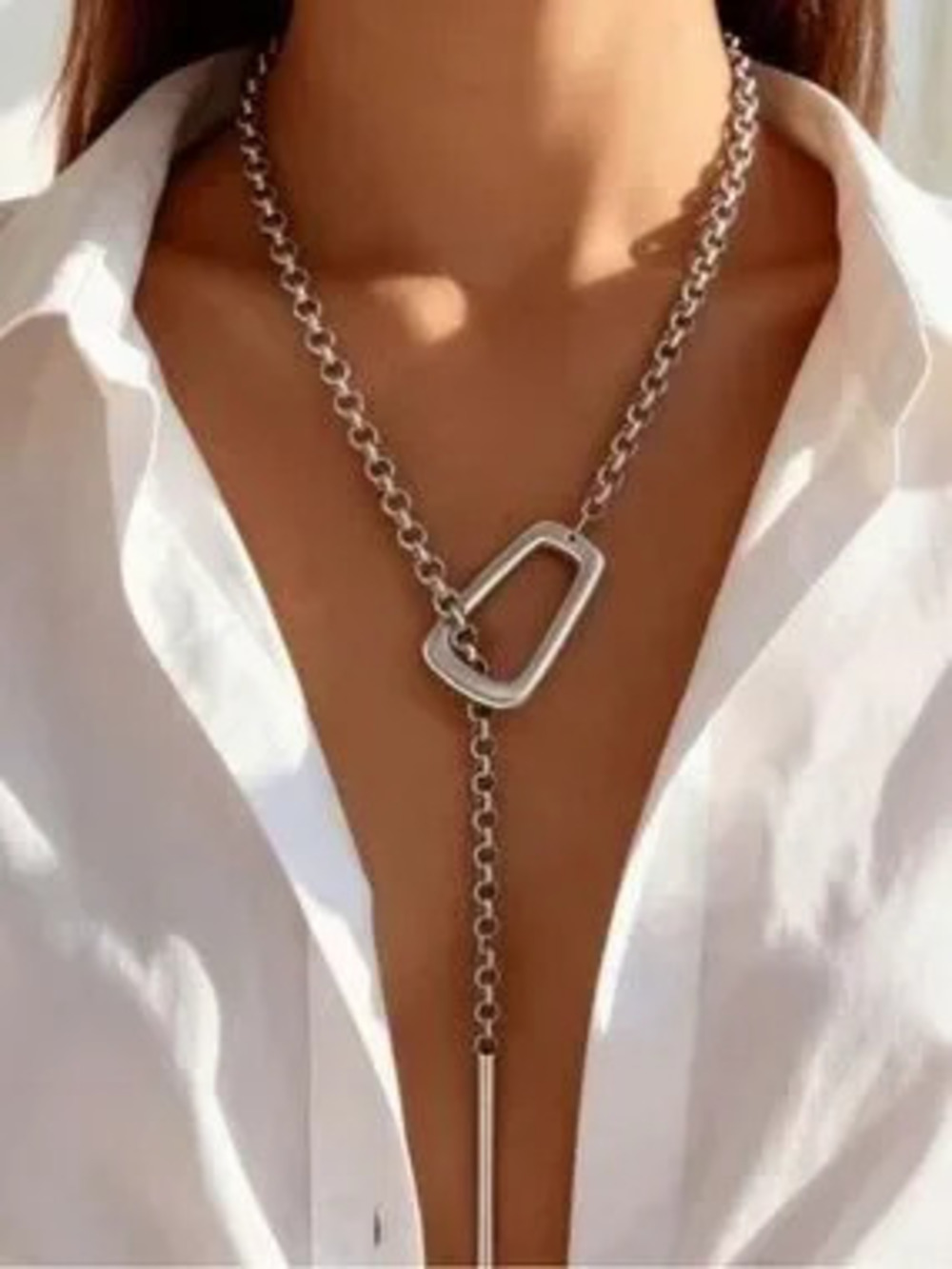 Silver Lariat Toggle Necklace - Modern Geometric Drop